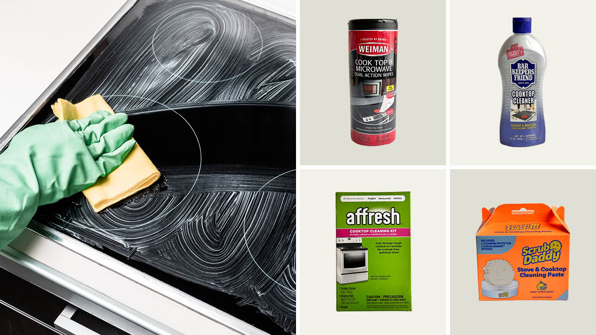 Hand wiping stovetop, Weiman Wipes, Barkeeper's Friend, Affresh, Scrub Daddy cooktop cleaners